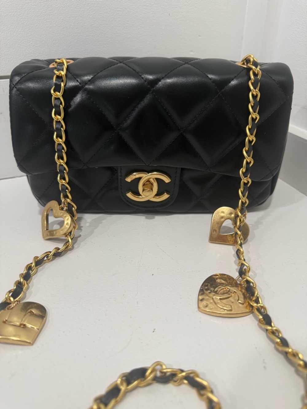 Chanel Black Quilted Leather Mini Crossbody with Gold Chain and Heart Charms - Picture 2 of 8